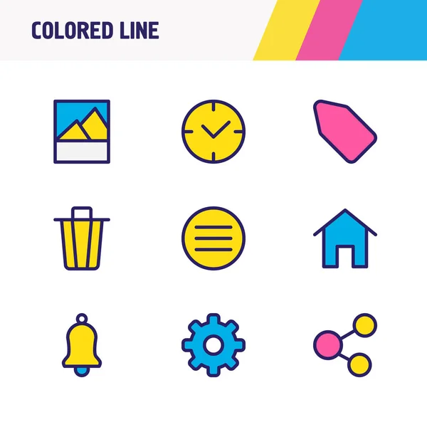 Abbildung von 9 Anwendungssymbolen farbige Linie. editierbares Set von Bild-, Sozial-, Heim- und anderen Symbolelementen. — Stockfoto