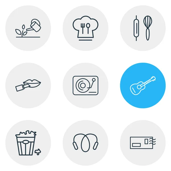 9 趣味アイコン ライン スタイルのイラスト。ポップコーンなどのアイコン要素をするギターの編集. — ストック写真
