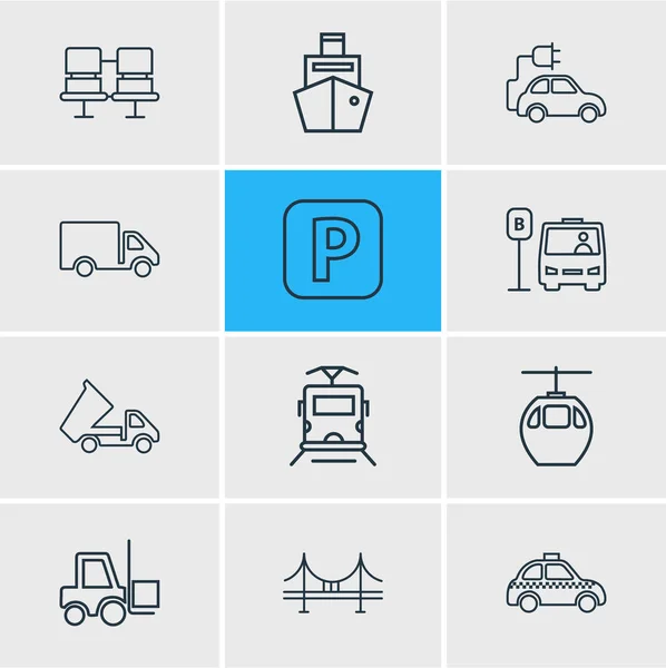 12 közlekedési ikonok vonalstílus illusztrációja. Szerkeszthető készlet utasülések, a taxi, a híd és a más ikon elemek. — Stock Fotó