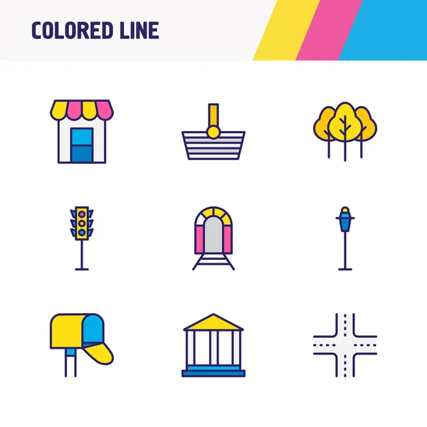 9 nyilvános ikonok színes vonal szemlélteti. Szerkeszthető készlet-ból üzenet doboz, crossroad, fa és egyéb ikon. — Stock Fotó