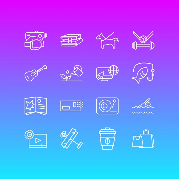 illustration of 16 hobby icons line style. Editable set of comic books, guitar, shopping and other icon elements.