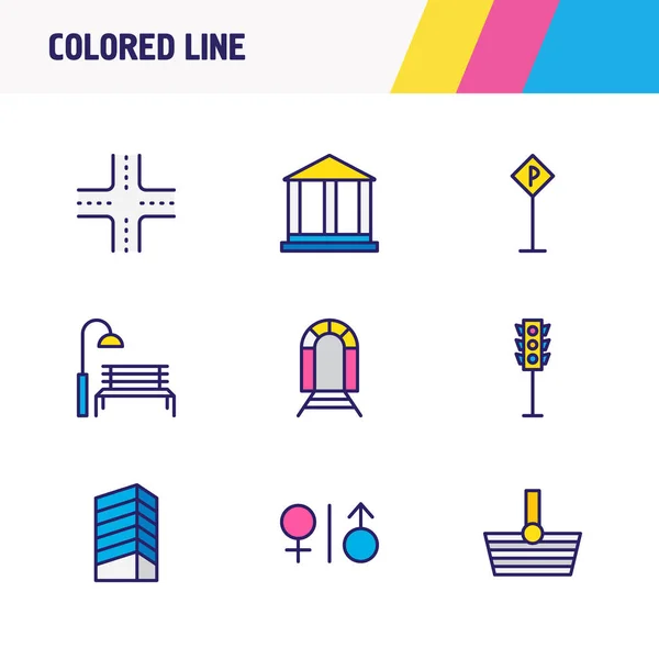Ábra 9 ikonok színes vonal. Szerkeszthető készlet-ból forgalom-fény, park, vasúti és egyéb ikon. — Stock Fotó