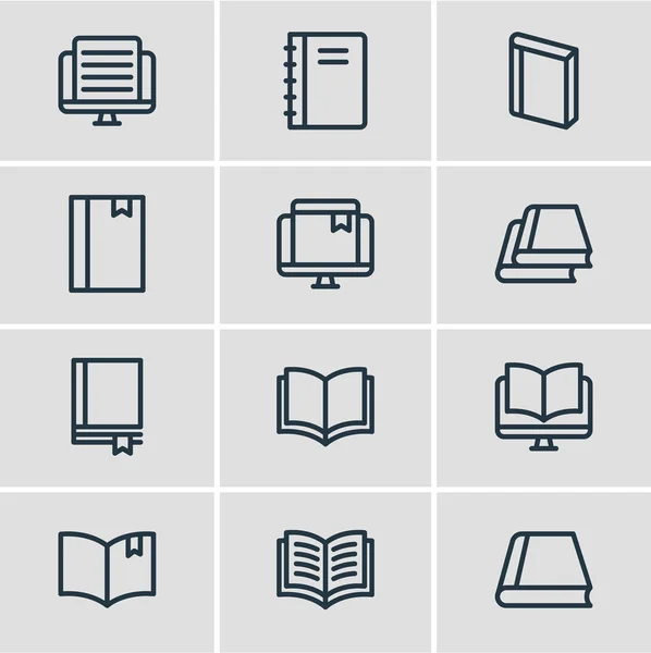 12 olvas ikonok vonalstílus illusztrációja. Szerkeszthető csoportja, könyvtár, könyv olvasás, tanulmányi és egyéb ikon. — Stock Fotó
