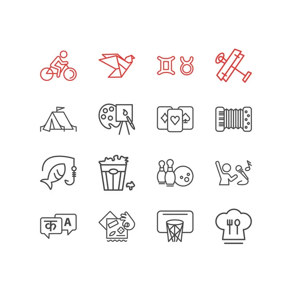 Illustrazione di 16 hobby icone linea stile. Set modificabile di tenda da campeggio, astrologia, carte da gioco e altri elementi icona . — Foto Stock