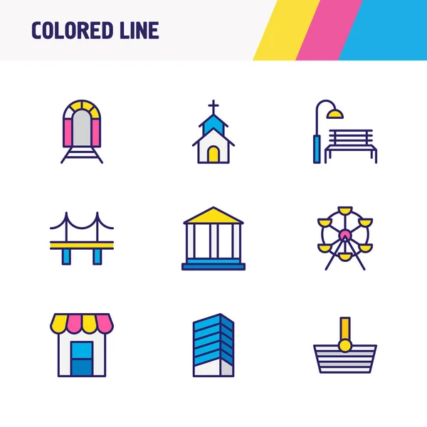 Ábra 9 ikonok színes vonal. Szerkeszthető templom, Akadémia, épület és egyéb ikon készlet. — Stock Fotó