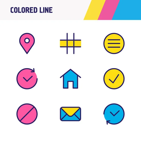 illustration of 9 application icons colored line. Editable set of location, grid, menu and other icon elements.