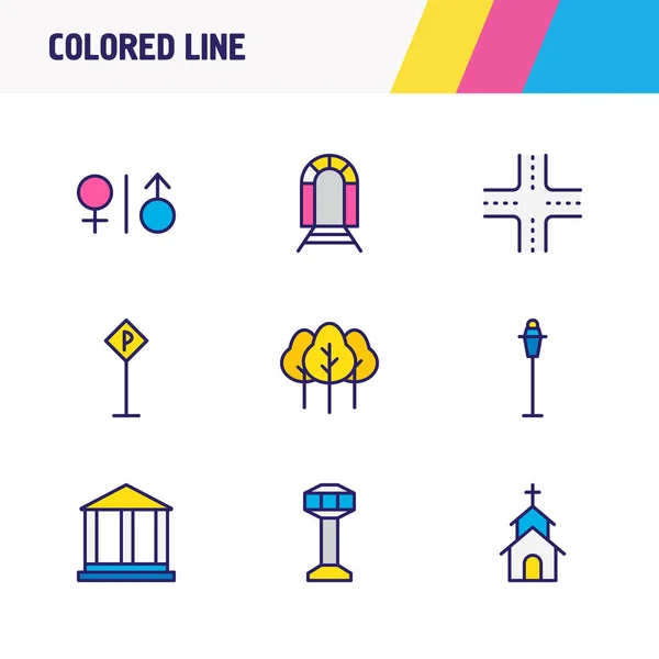 Ábra 9 város ikonok színes vonal. Szerkeszthető sor templom, crossroad, utcai világos és más ikon elemek. — Stock Fotó