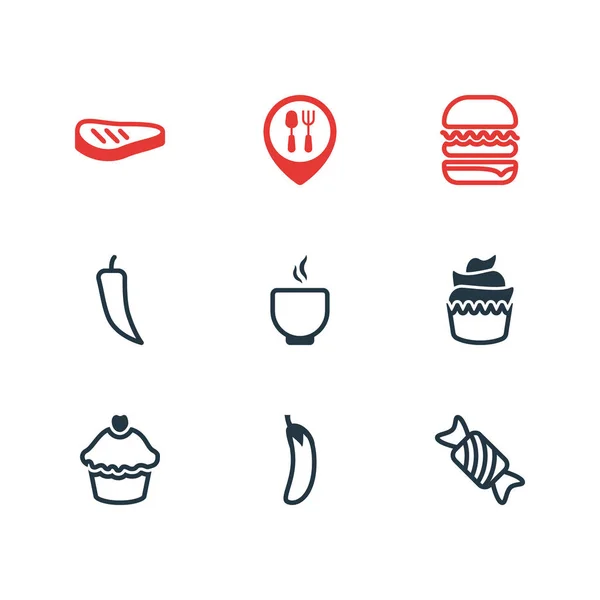 9 yemek simgeler çizgi stili Illustration. Karamel, hamburger, ızgara et ve diğer simge öğeleri düzenlenebilir kümesi. — Stok fotoğraf