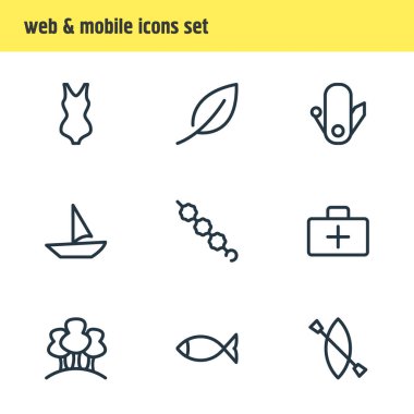 9 kamp simgeler çizgi stili vektör Illustration. Yaprak, kayık, tıp ve diğer simge öğeleri düzenlenebilir kümesi.