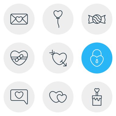 9 tutku simgeler çizgi stili vektör Illustration. Pasta, soyunma, aşk ve diğer simge öğeleri düzenlenebilir kümesi.