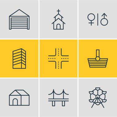 9 altyapı simgeler çizgi stili vektör Illustration. Kilise, kavşak, alışveriş ve diğer simge öğeleri düzenlenebilir kümesi.