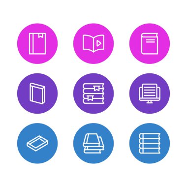 Vektör çizim 9 kitap okuma simgeler çizgi stili. Schoolbook, roman, makale ve diğer simge öğeleri düzenlenebilir kümesi.