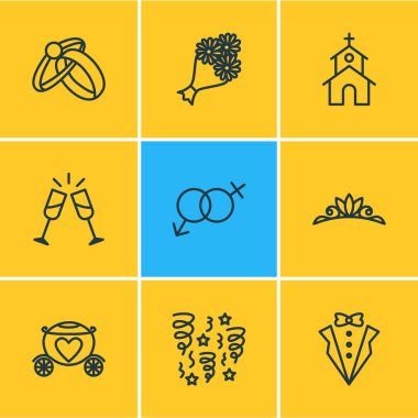 9 nişan simgeler çizgi stili vektör Illustration. Damat takım elbise, havai fişek, vecize ve diğer simge öğeleri düzenlenebilir kümesi.