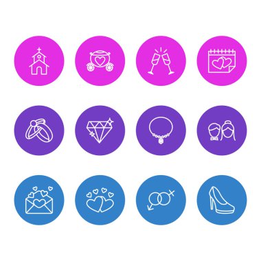 12 nişan simgeler çizgi stili vektör Illustration. Evlilik günü, elmas, davet ve diğer simge öğeleri düzenlenebilir kümesi.