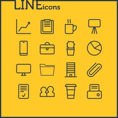 16 office simgeleri çizgi stili vektör Illustration. Kapuçino, kahve kupa, klip ve diğer simge öğeleri düzenlenebilir kümesi.