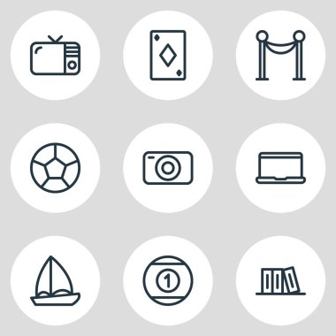 9 eğlence simgeler çizgi stili vektör Illustration. Tv, futbol, Kütüphane ve diğer simge öğeleri düzenlenebilir kümesi.