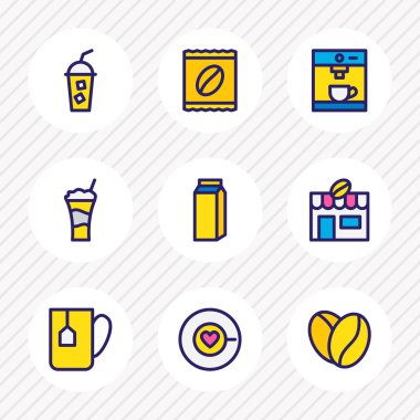 9 kahve simgeler renkli çizgi vektör Illustration. Kahve kupa, kahve çekirdeği, ürün ve diğer simge öğeleri düzenlenebilir kümesi.