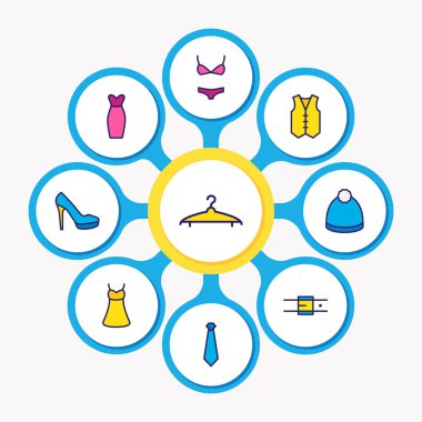 9 elbise simgeler renkli çizgi vektör Illustration. Elbise, yelek, Abiye ve diğer simge öğeleri düzenlenebilir kümesi.