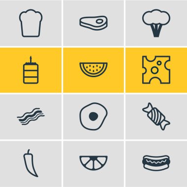 Vektör çizim 12 simgeleri çizgi stili yeme. Peynir, Doğum günü pastası, kırmızı biber ve diğer simge öğeleri düzenlenebilir kümesi.