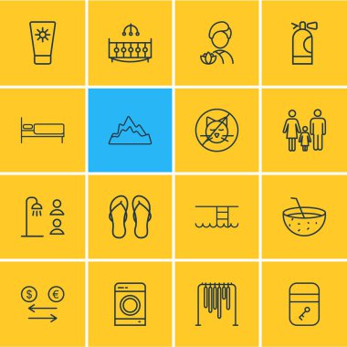 Vektör çizim 16 simgeler çizgi stili seyahat. Flip flop, spa, yüzme havuzu ve diğer simge öğeleri düzenlenebilir kümesi.