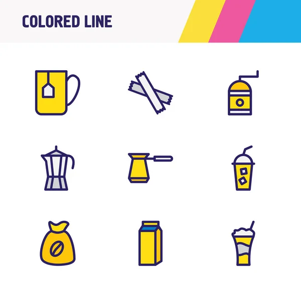 Ilustración vectorial de 9 iconos de la bebida línea de color. Conjunto editable de bebida de café, cezve, azúcar y otros elementos del icono . — Vector de stock