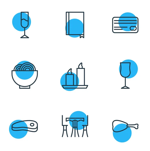 Ilustración vectorial de 9 iconos de comer estilo de línea. Conjunto editable de menú, fideos, crédito y otros elementos del icono . — Archivo Imágenes Vectoriales