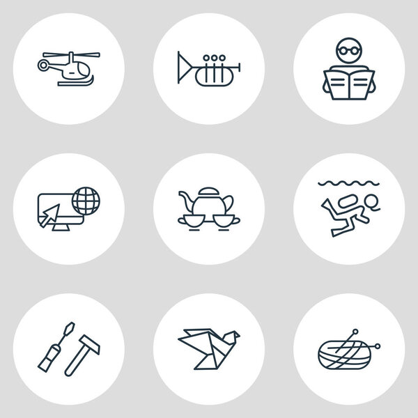 Векторная иллюстрация стиля линии 9 значков образа жизни. Столовый набор из трюфелей, чтения, вязания и других элементов иконы
.