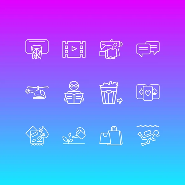 Ilustracja wektorowa 12 hobby ikony stylu linii. Można edytować zestaw do szycia, zakupy, na czacie i inne elementy ikony. — Wektor stockowy