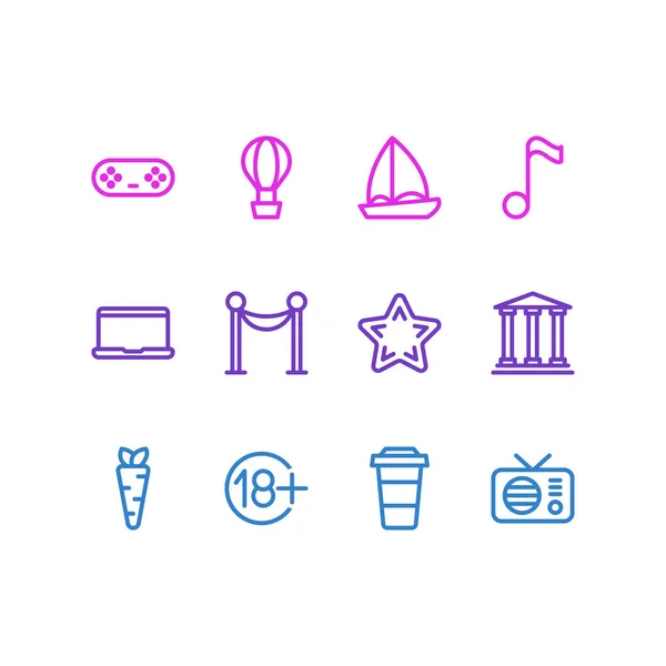 Illustration vectorielle de 12 icônes de divertissement de style ligne. Ensemble modifiable de dirigeable, bateau, carotte et autres éléments d'icône . — Image vectorielle