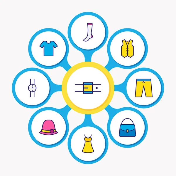 9 elbise simgeler renkli çizgi vektör Illustration. Kemer, çanta, saat ve diğer simge öğeleri düzenlenebilir kümesi.