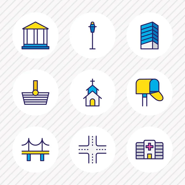 Ilustración vectorial de 9 iconos de la ciudad línea de colores. Conjunto editable de luz de calle, cruce de caminos, hospital y otros elementos del icono . — Archivo Imágenes Vectoriales