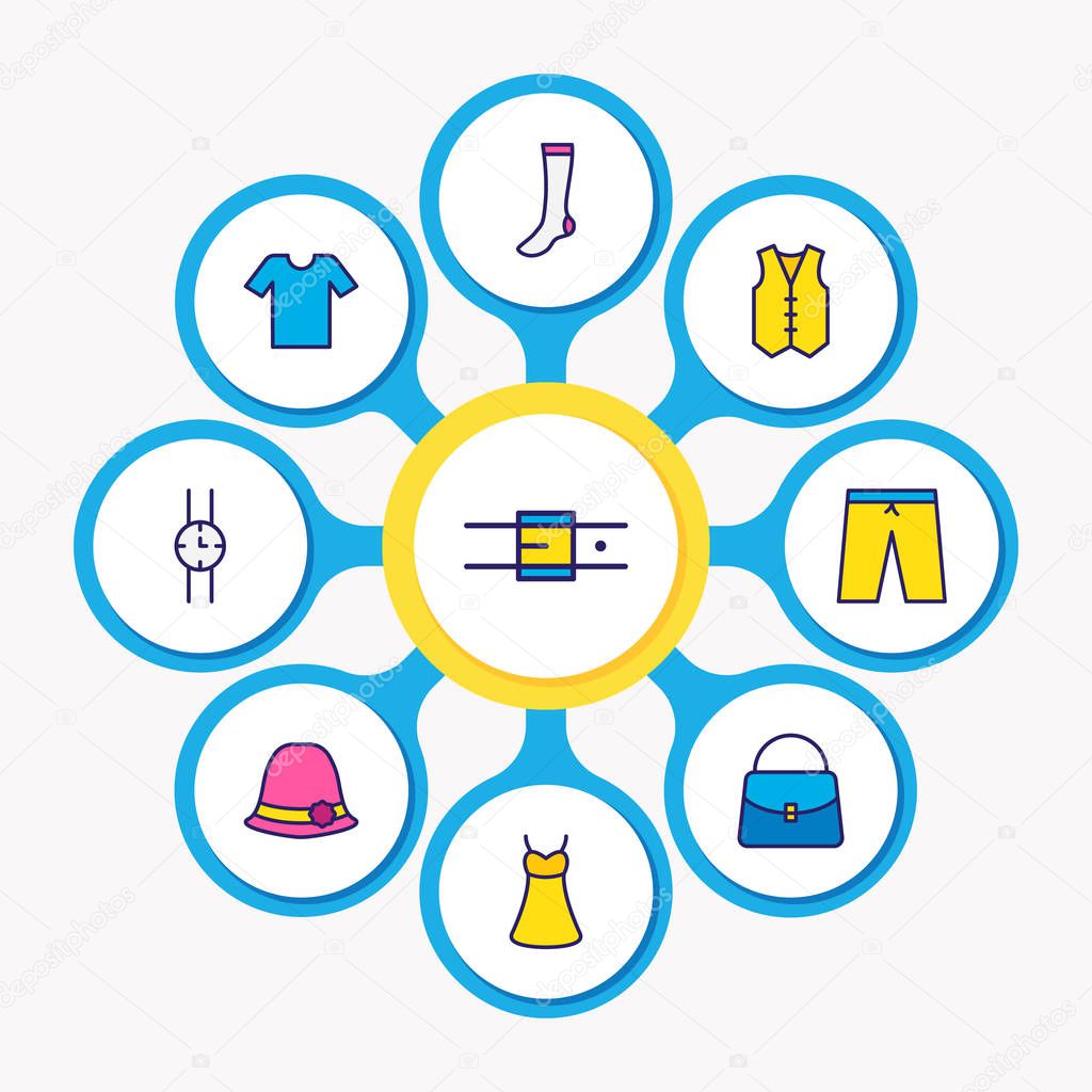 Vector illustration of 9 dress icons colored line. Editable set of belt, bag, watch and other icon elements.