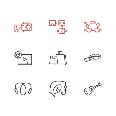 9 eğlence simgeler çizgi stili vektör Illustration. Alışveriş, Fotoğrafçılık, çay seti ve diğer simge öğeleri düzenlenebilir kümesi.