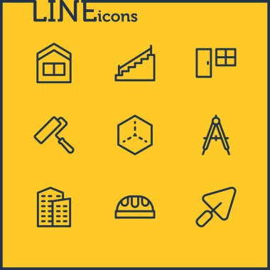 9 sanayi simgeleri çizgi stili vektör Illustration. Kapı pencere, kürek, bina ve diğer simge öğeleri ile düzenlenebilir kümesi.