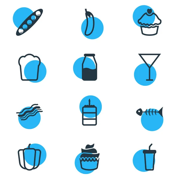 Ilustración vectorial de 12 iconos de comer estilo de línea. Conjunto editable de taza de papel, pastelito, magdalena y otros elementos del icono . — Archivo Imágenes Vectoriales