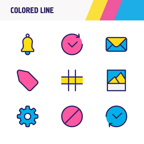 Векторна ілюстрація 9 піктограм програми кольорової лінії. Змінити набір елементів міток, сітки, пошти та інших піктограм . — стоковий вектор