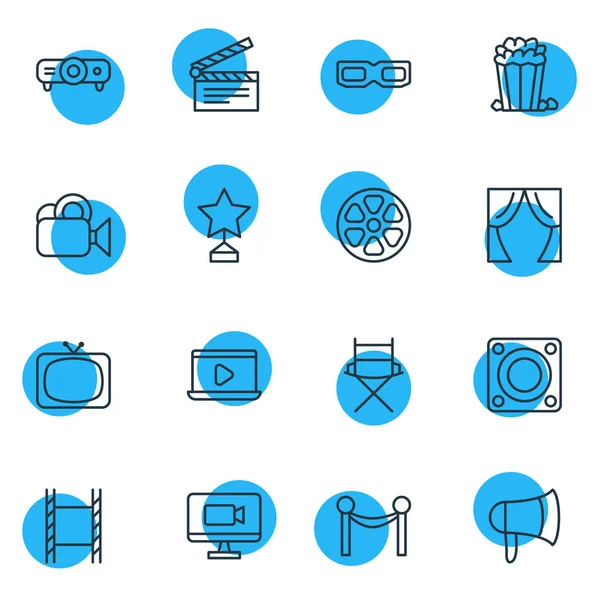 Vectorillustratie van 16 film pictogrammen lijnstijl. Bewerkbare set van video, televisie, 3d bril en andere elementen van het pictogram. — Stockvector