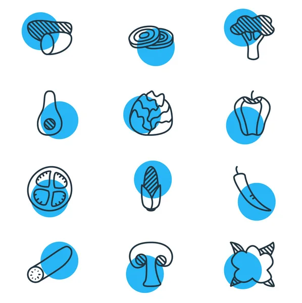 Ilustración vectorial de 12 iconos de comida estilo línea. Conjunto editable de champiñones, cebolla en rodajas, aguacate y otros elementos del icono . — Archivo Imágenes Vectoriales