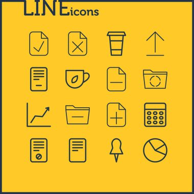 16 çalışma alanı simgeleri çizgi stili vektör Illustration. Onayla, ban, eksi ve diğer düzenlenebilir kümesi simgesini öğeleri.