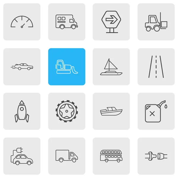 Vektoros illusztráció 16 közlekedési ikonok vonalstílust. Szerkeszthető útjelzési, buldózer, campervan és egyéb ikon készlet. — Stock Vector