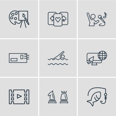 9 eğlence simgeler çizgi stili vektör Illustration. Düzenlenebilir yüzme, Balık tutma, oyun kartları ve diğer simge öğeleri kümesi.