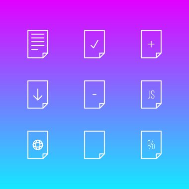 9 kağıt simgeler çizgi stili vektör Illustration. Dosya, sözleşme, download ve diğer simge öğeleri düzenlenebilir kümesi.