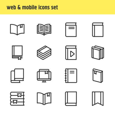 Vektör çizim 16 kitap okuma simgeler çizgi stili. Ders kitabı, kitaplık, kitapçı ve diğer simge öğeleri düzenlenebilir kümesi.