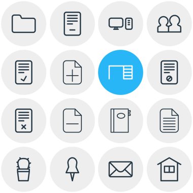 16 çalışma alanı simgeleri çizgi stili vektör Illustration. Düzenlenebilir kümesi silme, kaldırma, takım ve diğer simge öğeleri.