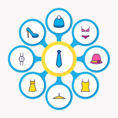 9 Giysi simgeler renkli çizgi gösterimi. Elbise, kravat, kadınlar şapka ve diğer simge öğeleri düzenlenebilir kümesi.