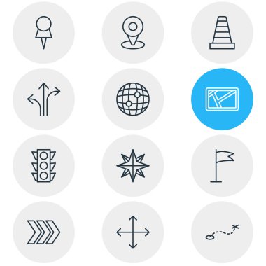 12 gezinti simgeler çizgi stili Illustration. Koni, navigator, navigasyon ve diğer simge öğeleri düzenlenebilir kümesi.