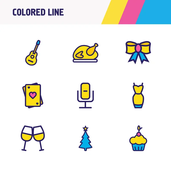 Ilustración de 9 iconos del partido línea de color. Conjunto editable de guitarra, micrófono de grabación, arco festivo y otros elementos del icono . —  Fotos de Stock