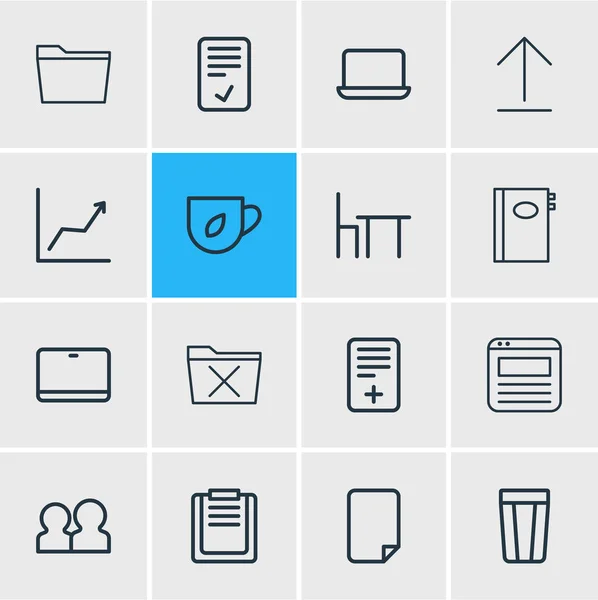 Illustration von 16 Bürosymbolen im Linienstil. editierbares Set von Bestätigungs-, Arbeitsplatz-, Notizbuch- und anderen Symbolelementen. — Stockfoto