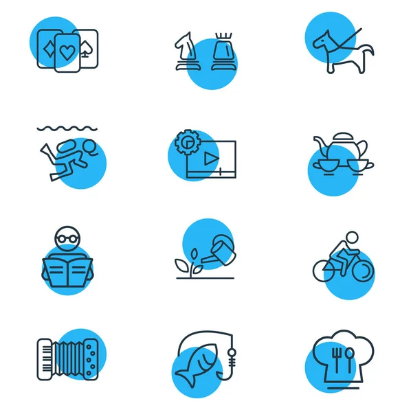 Ilustración de 12 actividades iconos estilo de línea. Conjunto editable de video maker, ajedrez, acordeón y otros elementos del icono . —  Fotos de Stock