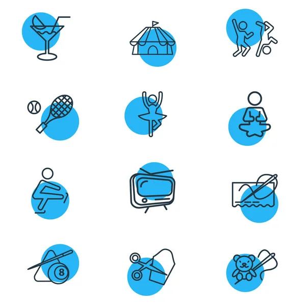 Ilustración de 12 iconos hobby estilo de línea. Conjunto editable de hacer juguete, circo, tv y otros elementos del icono . —  Fotos de Stock